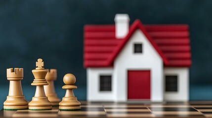 Chess Pieces in Focus with a Toy House Background Representing Strategic Planning and Real Estate Concepts