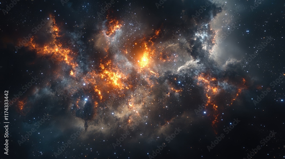 Poster extra terrestrial canopy embellished with a multitude of space elements, forming a cascade of reacti