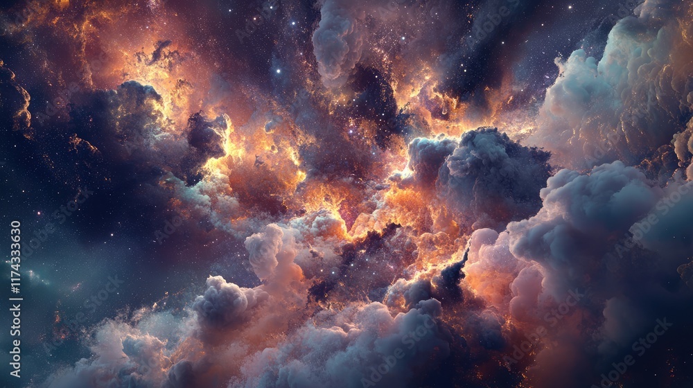 Poster extra terrestrial canopy embellished with a multitude of space elements, forming a cascade of reacti