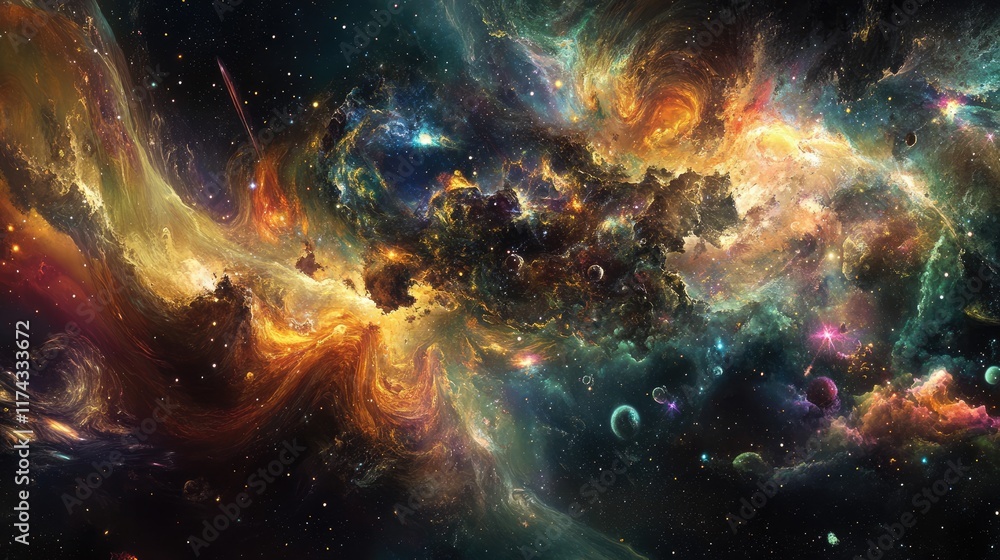 Poster extra terrestrial canopy embellished with a multitude of space elements, forming a cascade of reacti