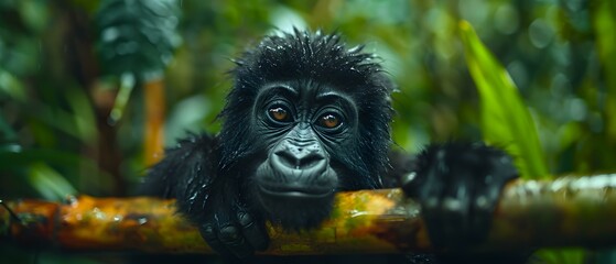 Obraz premium Captivating Close-Up of a Young Gorilla with Glistening Fur in a Lush Rainforest Environment
