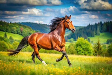 Obraz premium Panoramic Meadow Trot Horse Portrait - AI Photo