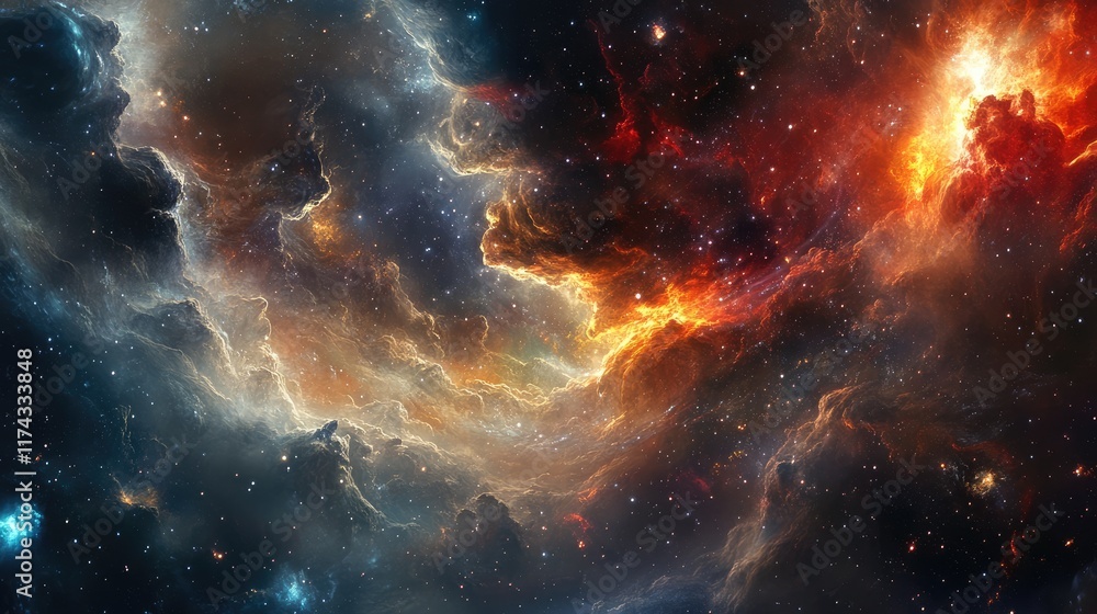 Poster extra terrestrial canopy embellished with a multitude of space elements, forming a cascade of reacti