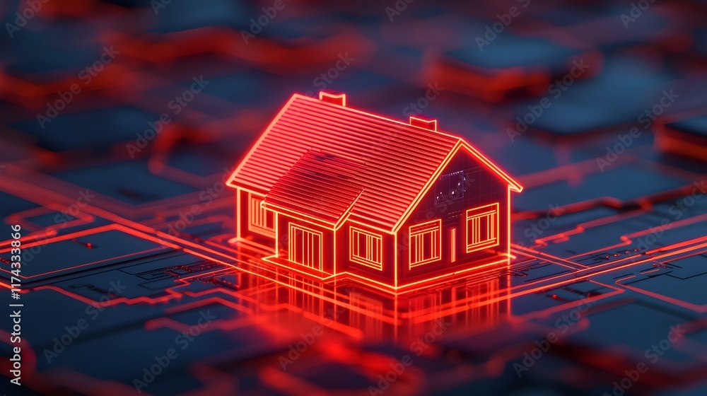 Aufkleber futuristic digital home on circuit board in vibrant neon style with red glowing elements representin