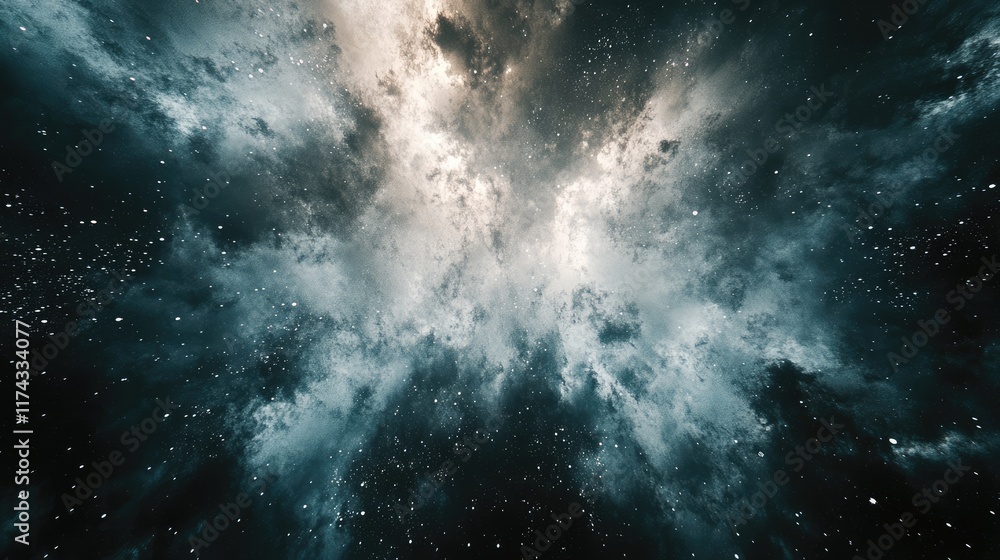 Poster extra terrestrial canopy embellished with a multitude of space elements, forming a cascade of reacti