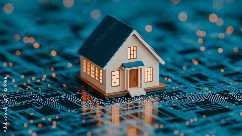 Poster digital home concept with house model on circuit board background representing technology and innova