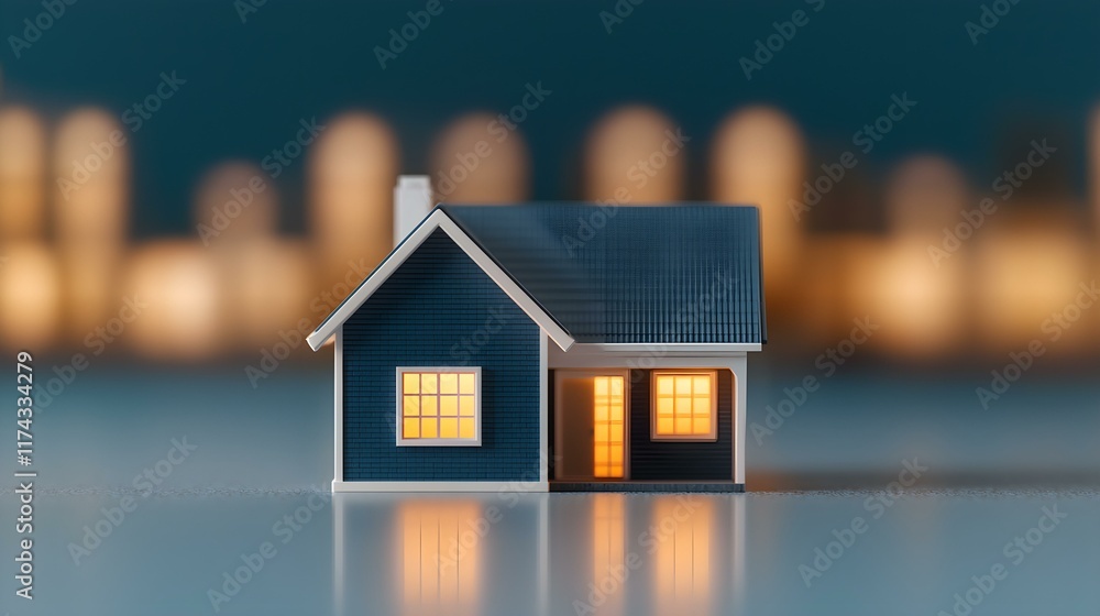 Aufkleber miniature house model with glowing windows on reflective surface, soft bokeh lights in background fo