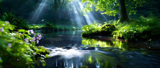 Naklejka premium Tranquil Forest Stream with Sunlight Rays and Lush Greenery in a Serene Natural Environment