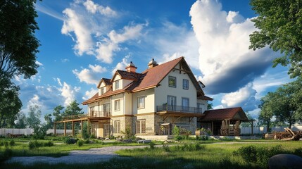 Fa&Atilde;&fnof;&Acirc;&sect;ade of a country house being built with blue cloudy skies above