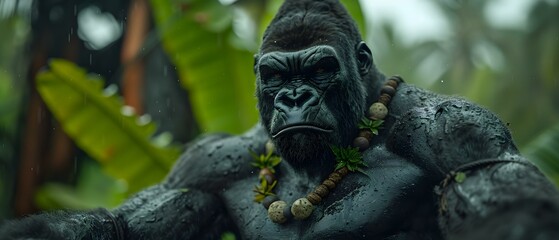 Obraz premium A Powerful and Majestic Gorilla Surrounded by Lush Greenery in Rainy Tropical Jungle Atmosphere