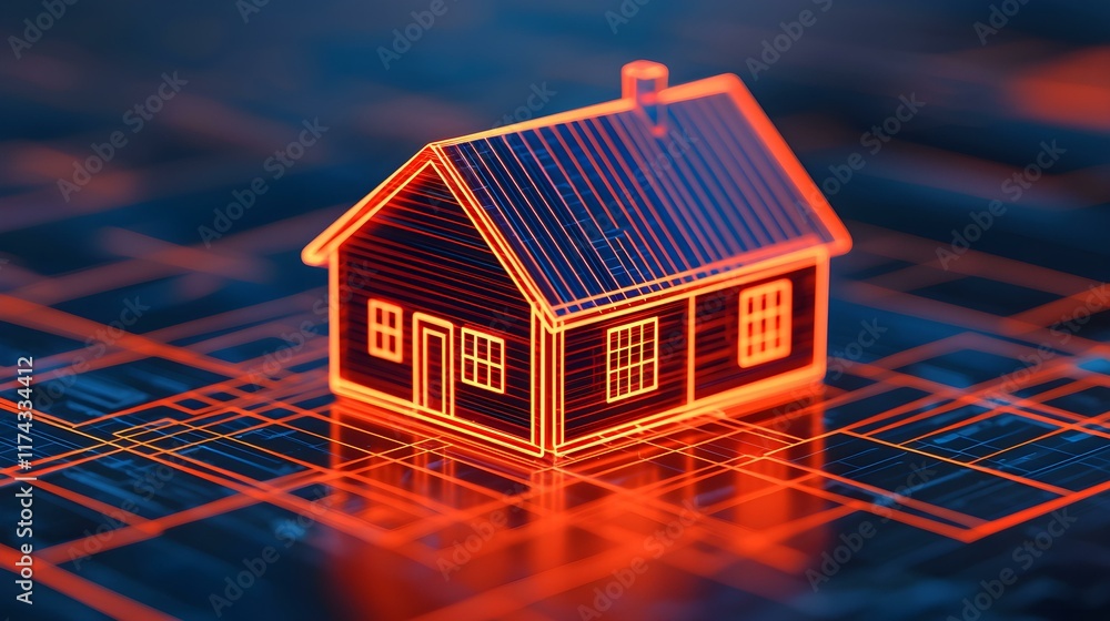 Poster model of a house represented with neon lines and geometric patterns on a technology background