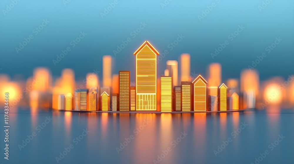 Poster futuristic city skyline with illuminated buildings and modern architecture in an abstract digital en
