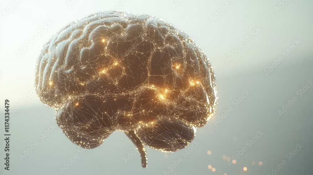 Poster a glowing digital brain representing ethical ai, with interconnected algorithms displayed on a clean