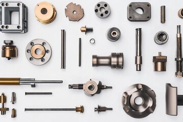 Obraz premium A flat lay arrangement of industrial tools and components, showcasing precision and material quality