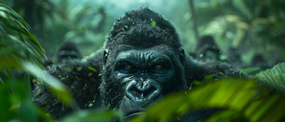 Obraz premium Majestic Ape in Lush Jungle Environment with Detailed Features and Intense Gaze Surrounded by Greenery and Tropical Foliage