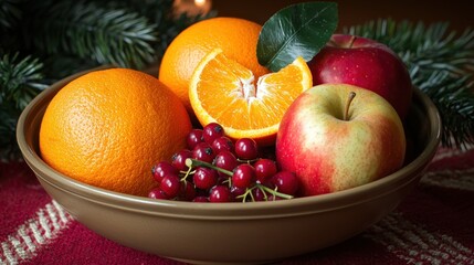 A bowl of assorted fruits, including oranges, apples, and grapes.