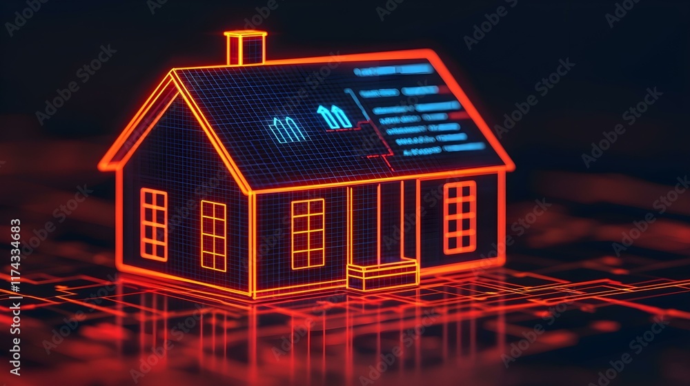 Poster futuristic digital house design with blueprints and technical elements in neon colors
