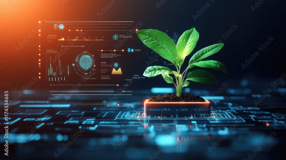 Poster a glowing digital crop map with weather and soil analytics displayed on a clean futuristic dark grad