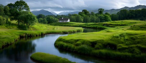 Fototapeta premium Serene River Landscape with Lush Green Hills and Majestic Mountains Under Dramatic Cloudy Sky