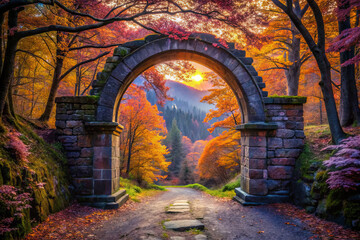 Obraz premium weathered stone archway surrounded by vibrant autumn foliage, creating serene atmosphere