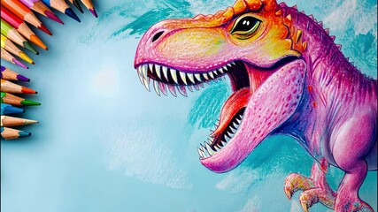 A colorful drawing of a dinosaur being created with vibrant pencils by a child's hand