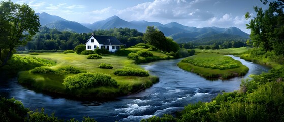 Fototapeta premium Serene Landscape with a House by a River Surrounded by Lush Greenery and Mountains Under a Clear Blue Sky