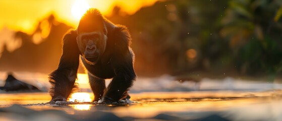 Majestic Gorilla Walking on Beach at Sunset Surrounded by Nature and Landscape in Beautiful Lighting Conditions
