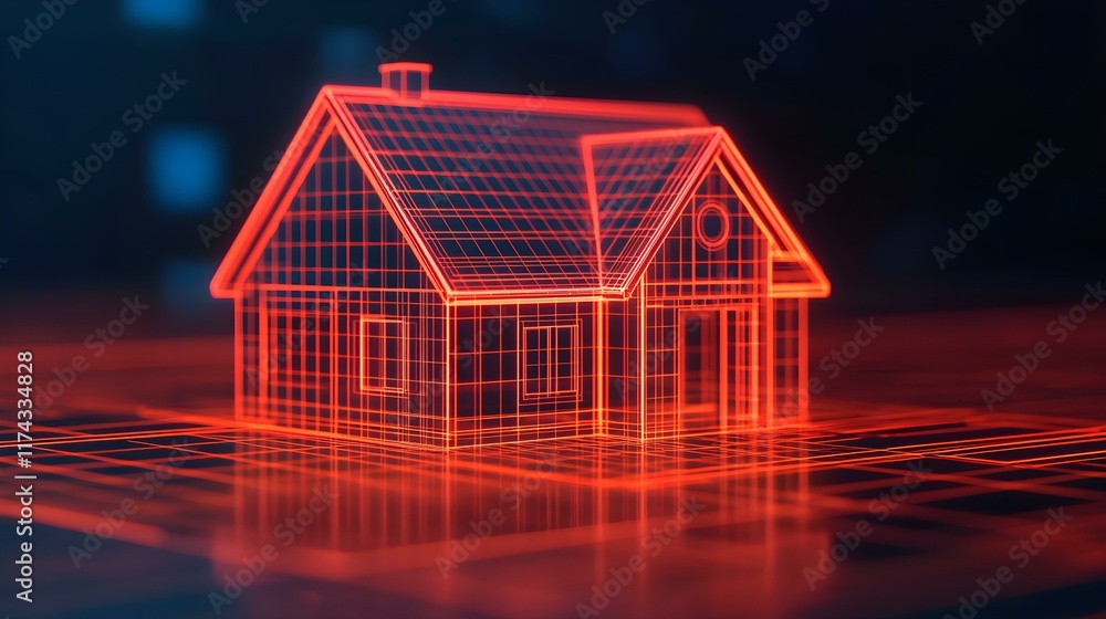 Poster futuristic digital model of a house with grid lines and neon visualization concept for modern archit