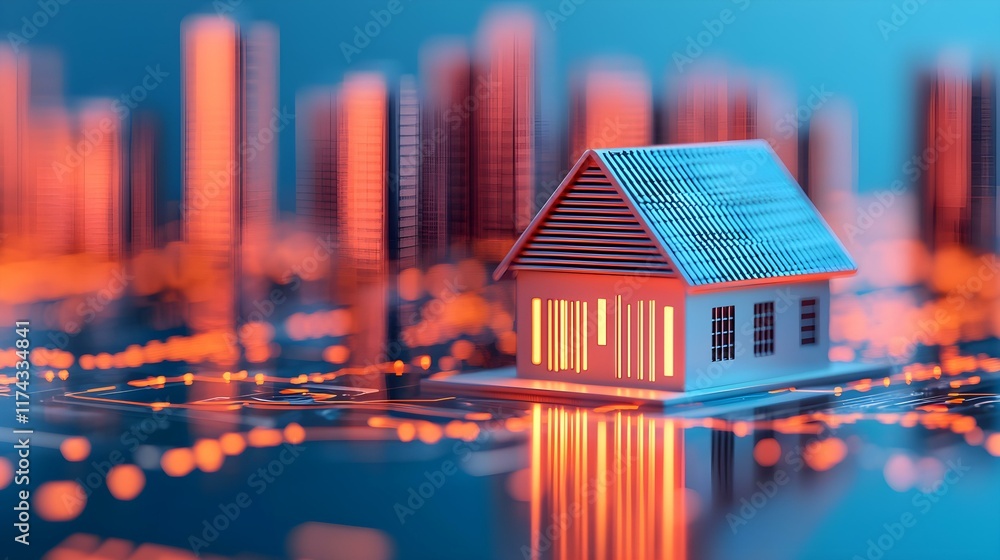 Poster digital representation of a house on a circuit board with city skyline in the background