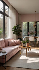 Bright and spacious modern living room with a baby pink couch wide windows letting in sunlight and a soothing pastel pink interior