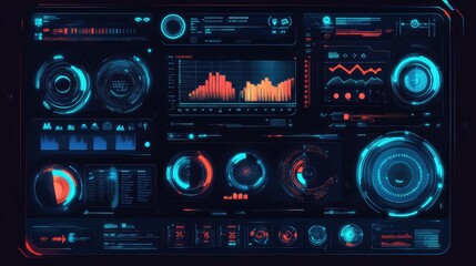 Fototapeta premium A glowing digital interface showing AI-powered risk analysis data on a futuristic gradient background. Ample copy space included.