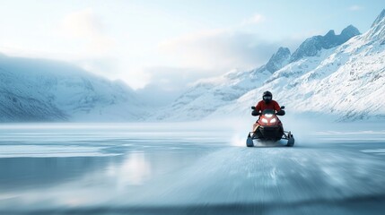 Snowmobile Adventure on a Frozen Lake in the Majestic Mountains