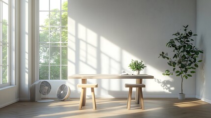 Fototapeta premium Bright sunlit dining space with minimalist design interior home