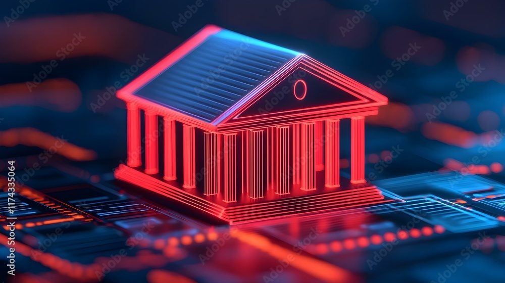 Poster digital representation of a neoclassical building on a futuristic circuit board background in brilli