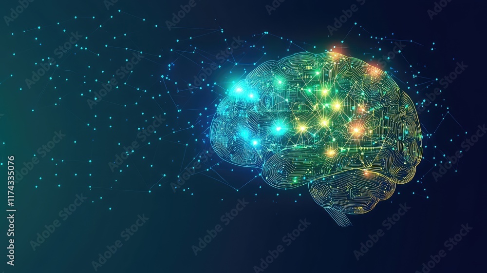 Poster a glowing digital representation of ai learning and software coding processes on a clean futuristic 
