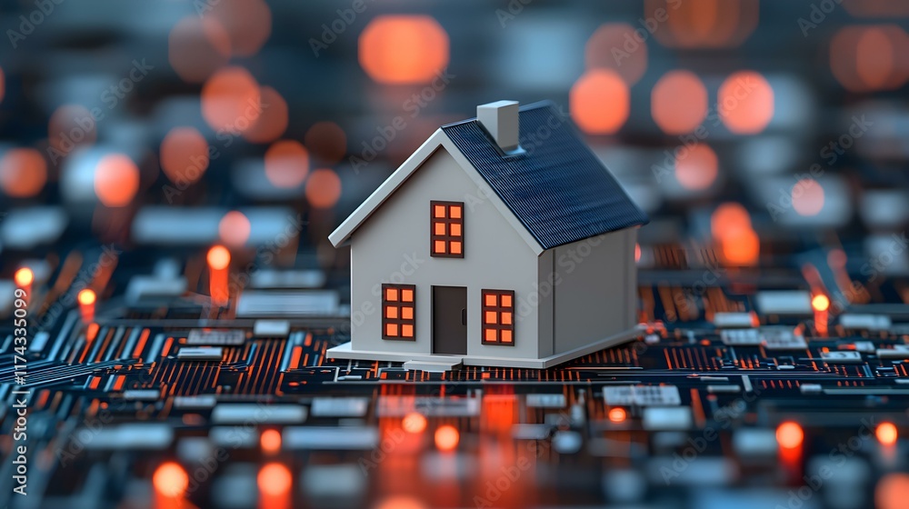 Aufkleber small house model on digital circuit board with bokeh lights concept for smart homes and technology 
