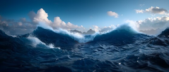 Fototapeta premium Majestic Ocean Waves Crashing Against Each Other Under a Clear Blue Sky with Fluffy Clouds in the Distance