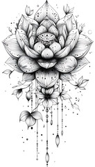 Mandala created with clean, detailed contour lines, showcasing symmetrical geometric and floral patterns. Minimalistic design with an artistic, balanced aesthetic