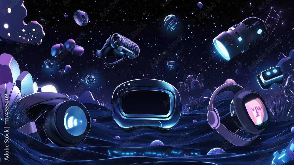 Poster a glowing digital world filled with floating vr elements representing ai-based education, with space