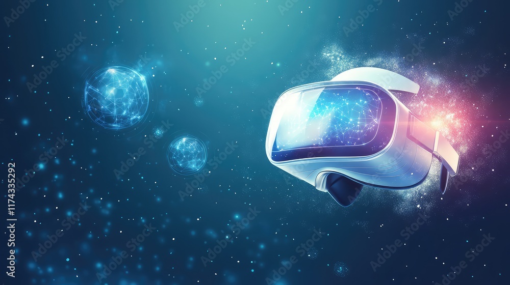 Poster a glowing digital world filled with floating vr elements representing ai-based education, with space