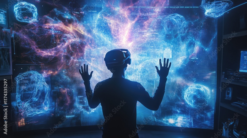 Poster a glowing digital world filled with floating vr elements representing ai-based education, with space