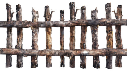 Naklejka premium Old wooden fence made of uneven, natural wooden branches. Rural simplicity and organic craftsmanship, countryside living, nature, sustainability, or rustic aesthetic design
