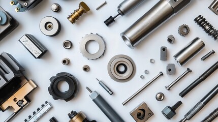 A flat lay arrangement of industrial tools and components, showcasing precision and material quality