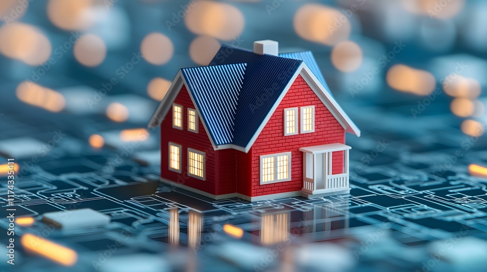 Poster miniature red house on a digital circuit board with glowing lights and technology elements for real 