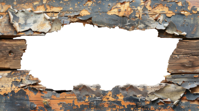 Wooden wall with a large irregular hole in its center. Creative overlays for designs