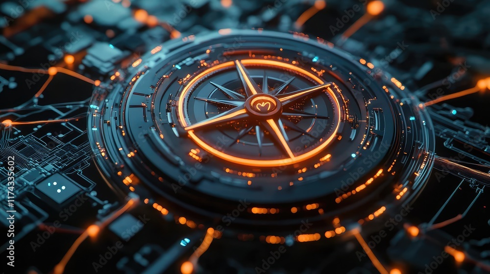Poster a glowing ethical compass symbolizing the moral direction of ai systems, with interconnected pathway