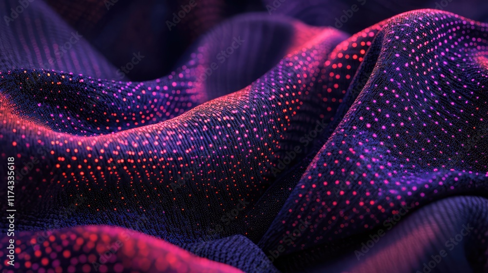 Poster a glowing fabric pattern enhanced by ai, with digital pathways woven into the textile, creating ampl