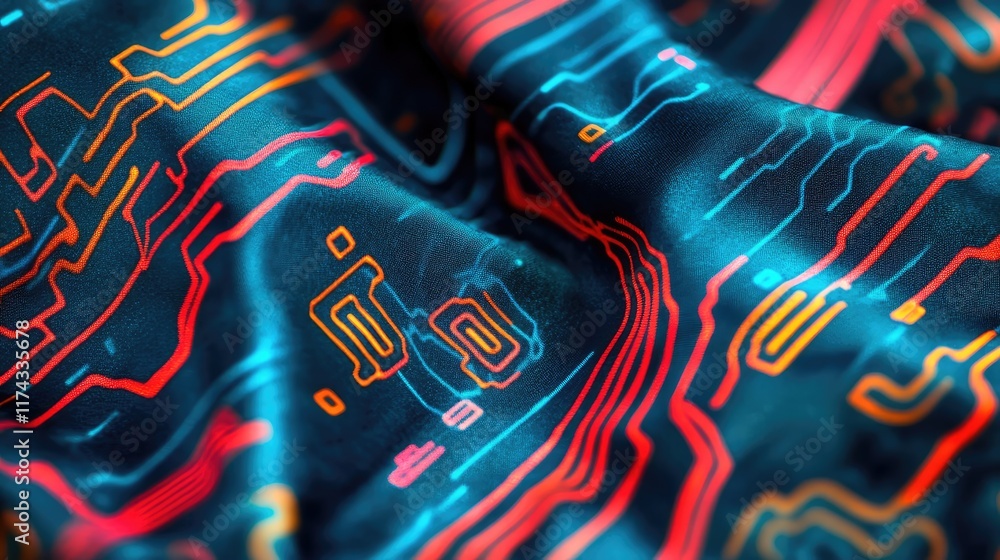 Poster a glowing fabric pattern enhanced by ai, with digital pathways woven into the textile, creating ampl