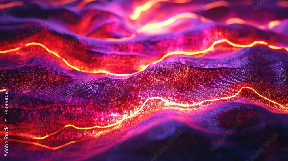Poster a glowing fabric surface representing ai-powered textiles, with interconnected data pathways running