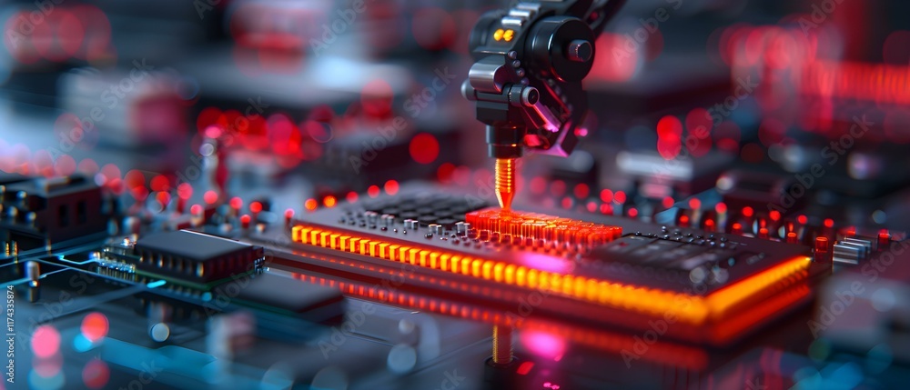 Aufkleber robotic arm engaging with microchip on circuit board in futuristic technology environment